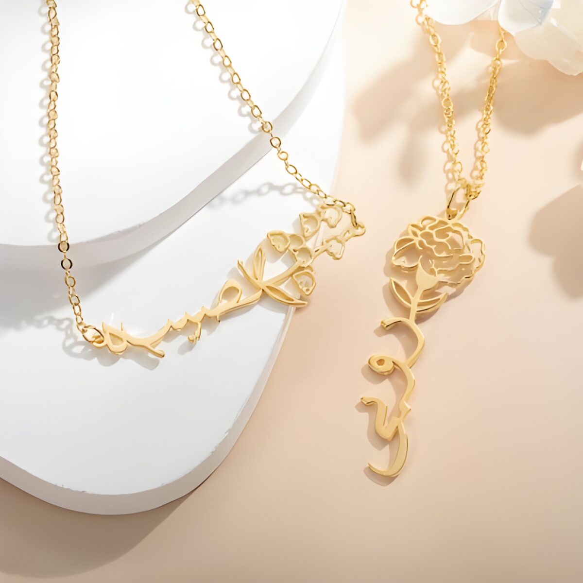 Personalized birth flower necklace with Arabic name