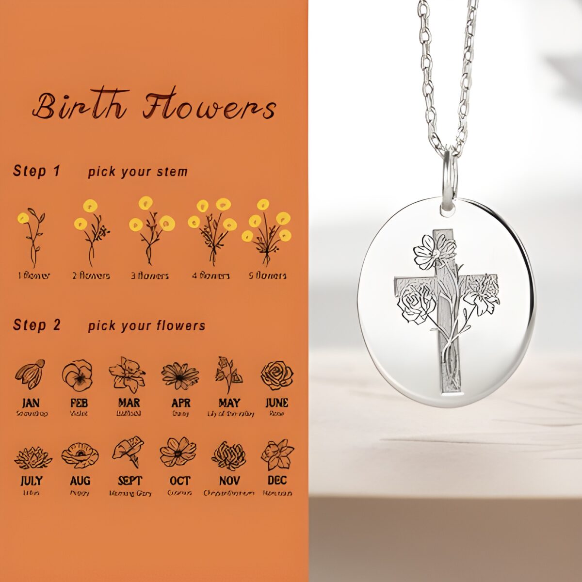 RU327-RU327-1-RU327-2-RU327-3_featured Birth flower cross necklace celebrating faith and beauty