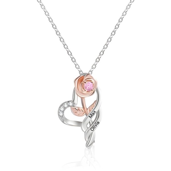 Custom name birthstone rose heart necklace for loved ones