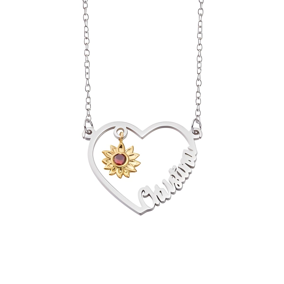 Custom heart name necklace with birthstone sunflower