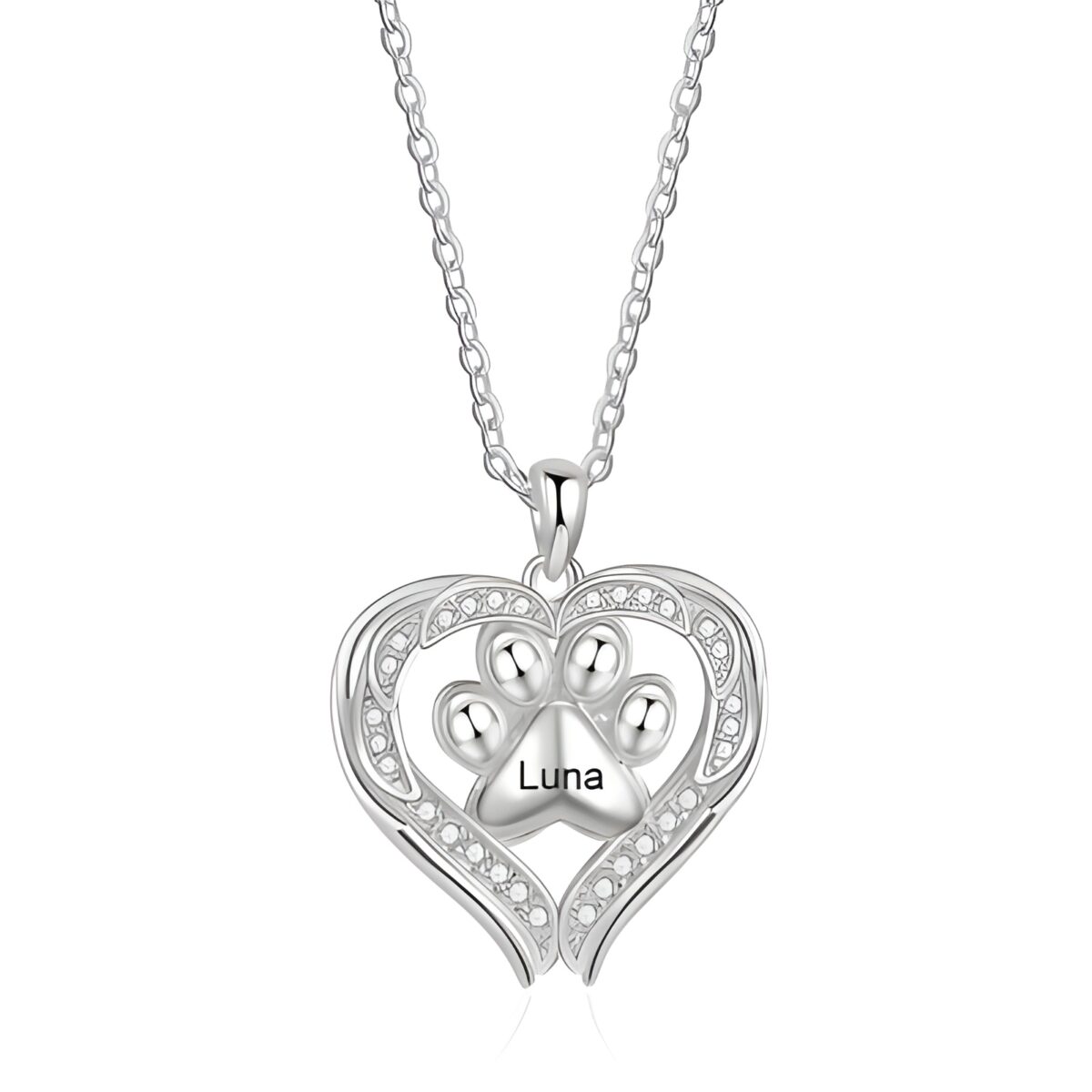 Sterling silver dog paw necklace with heart wing
