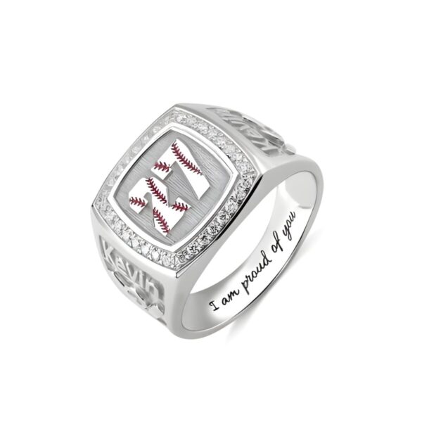 Engraved baseball signet ring with birthstone