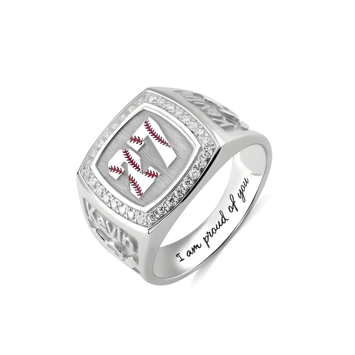 Engraved baseball signet ring with birthstone