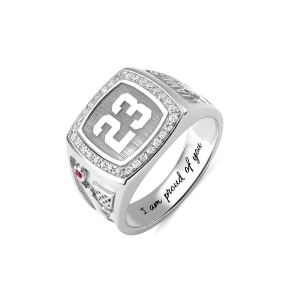Engraved basketball signet ring with birthstone