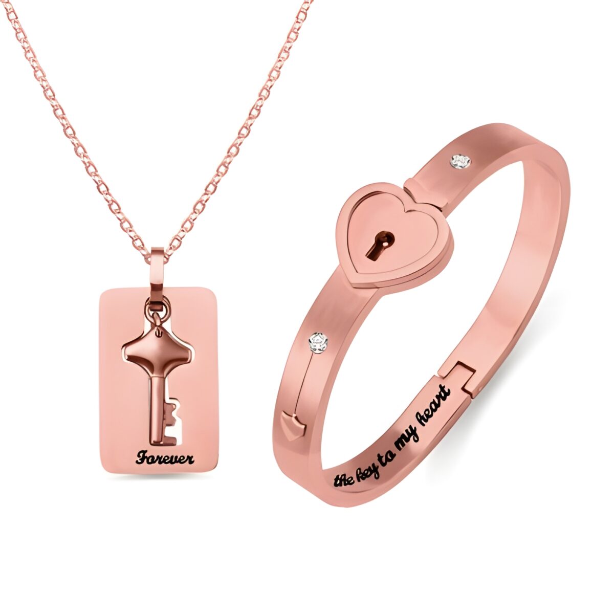 Rose gold couple's bracelet and key necklace