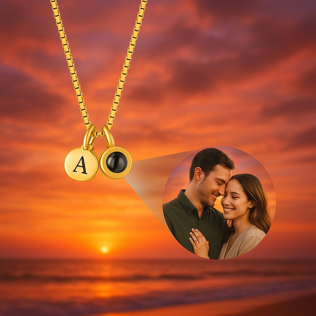 photo projection necklace with initial charm