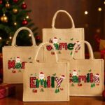 Personalized Christmas Jute Tote Bag – Festive Santa Name Design for Holiday Shopping & Family Celebrations - Image 2