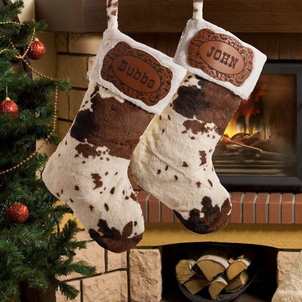 Personalized cow-print Christmas stocking with name patch